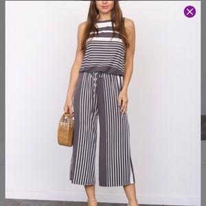 Grey and white striped wide-leg jumpsuit